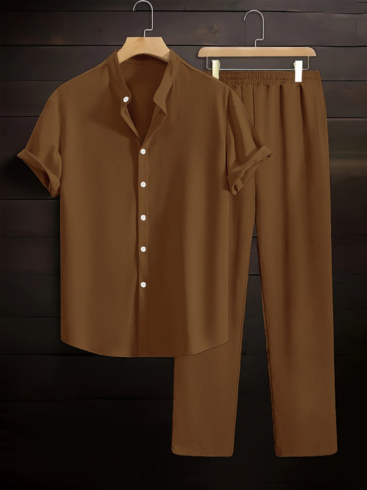 Summer Style Mens Plain Pleated Set - Brown