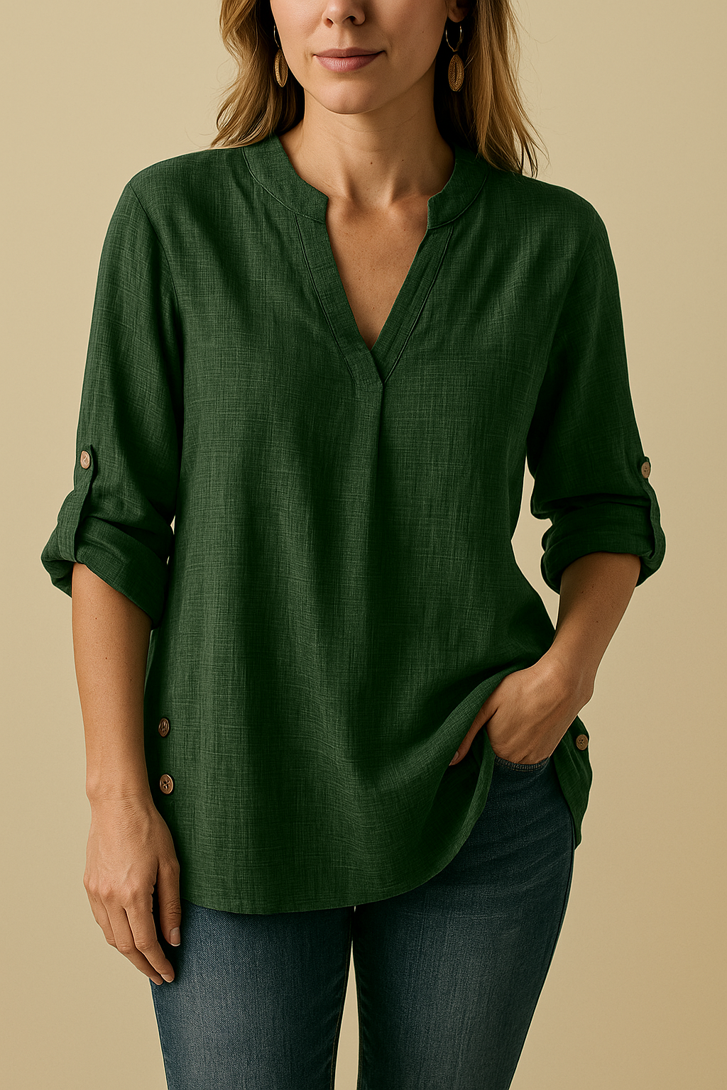 Beige VNeck Blouse Soft Chic SpringSummer Style