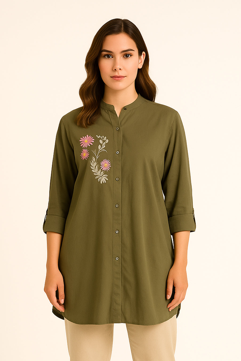 Green Shirt Button Down Shirt With An Embroidery Motive