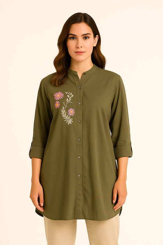 Green Shirt Button Down Shirt With An Embroidery Motive