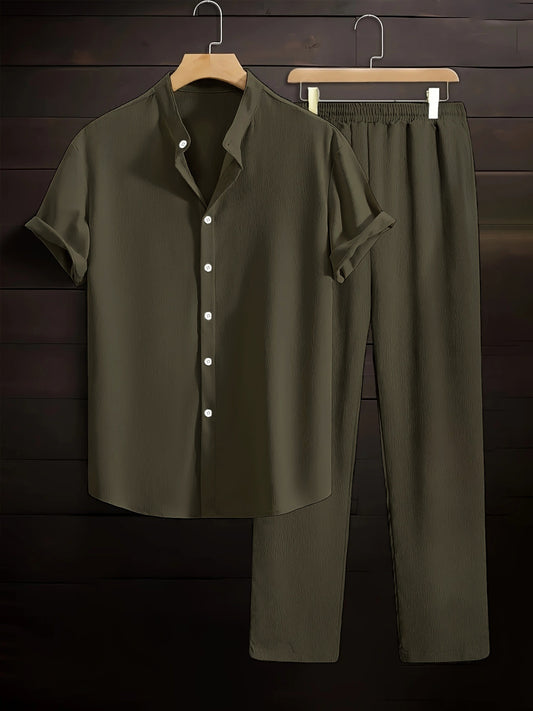 Summer Style Mens Plain Pleated Set - Olive