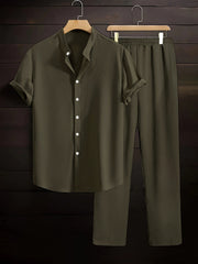 Summer Style Mens Plain Pleated Set - Olive