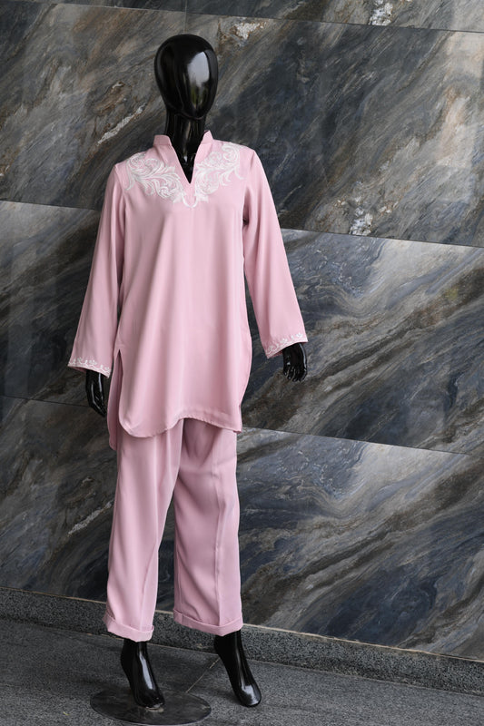 Pink With Fawn Embroidery On Neckline And Sleeves