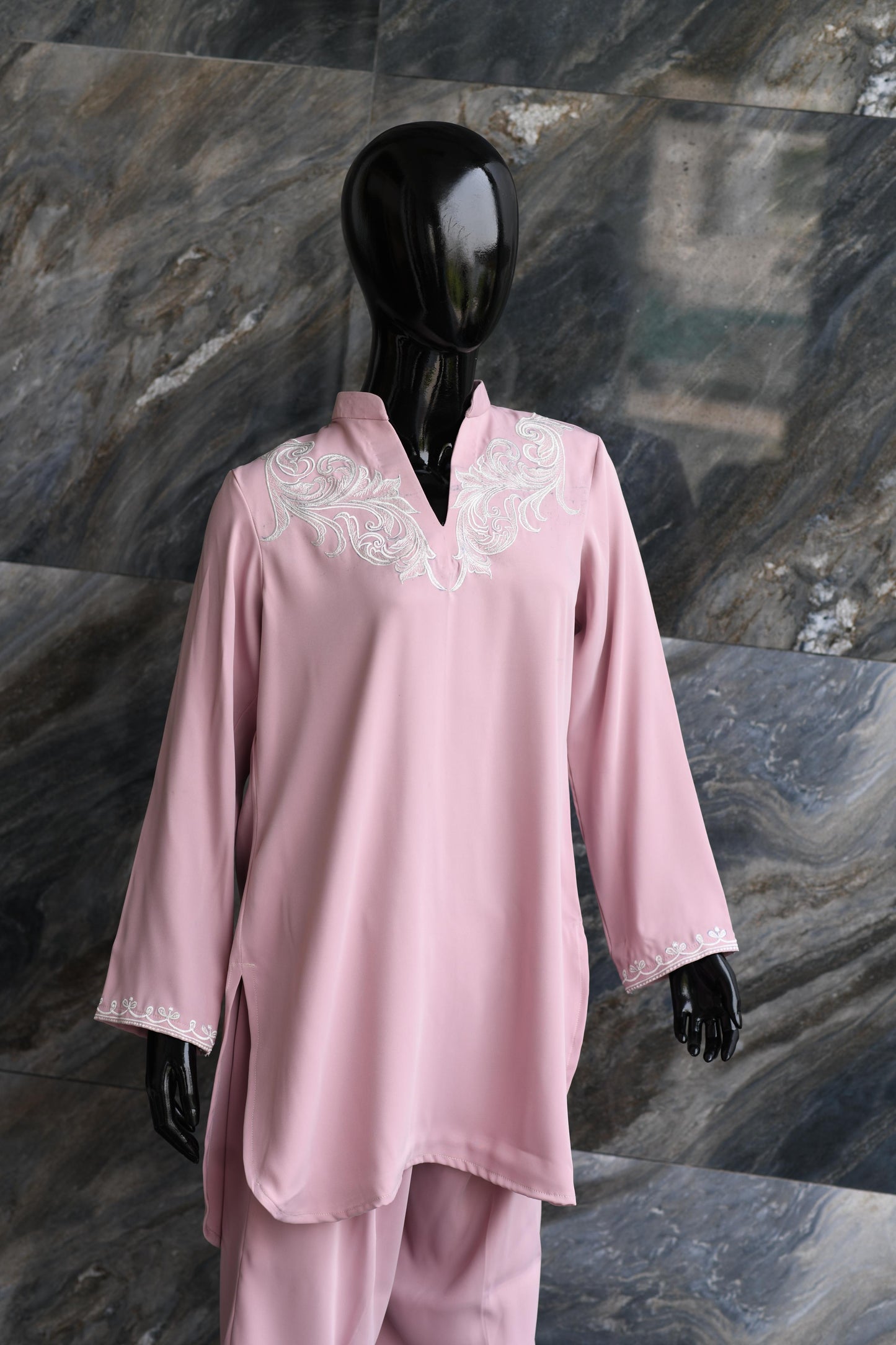 Pink With Fawn Embroidery On Neckline And Sleeves