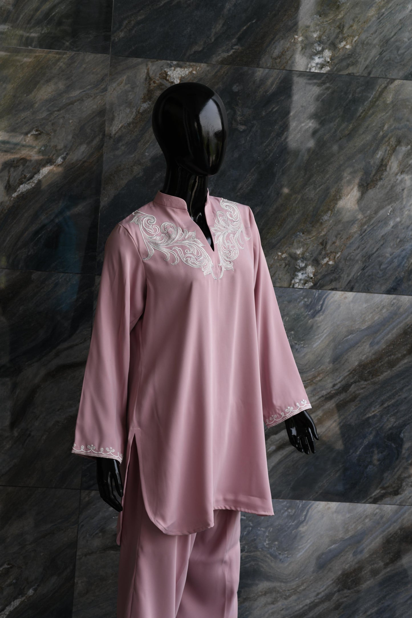 Pink With Fawn Embroidery On Neckline And Sleeves