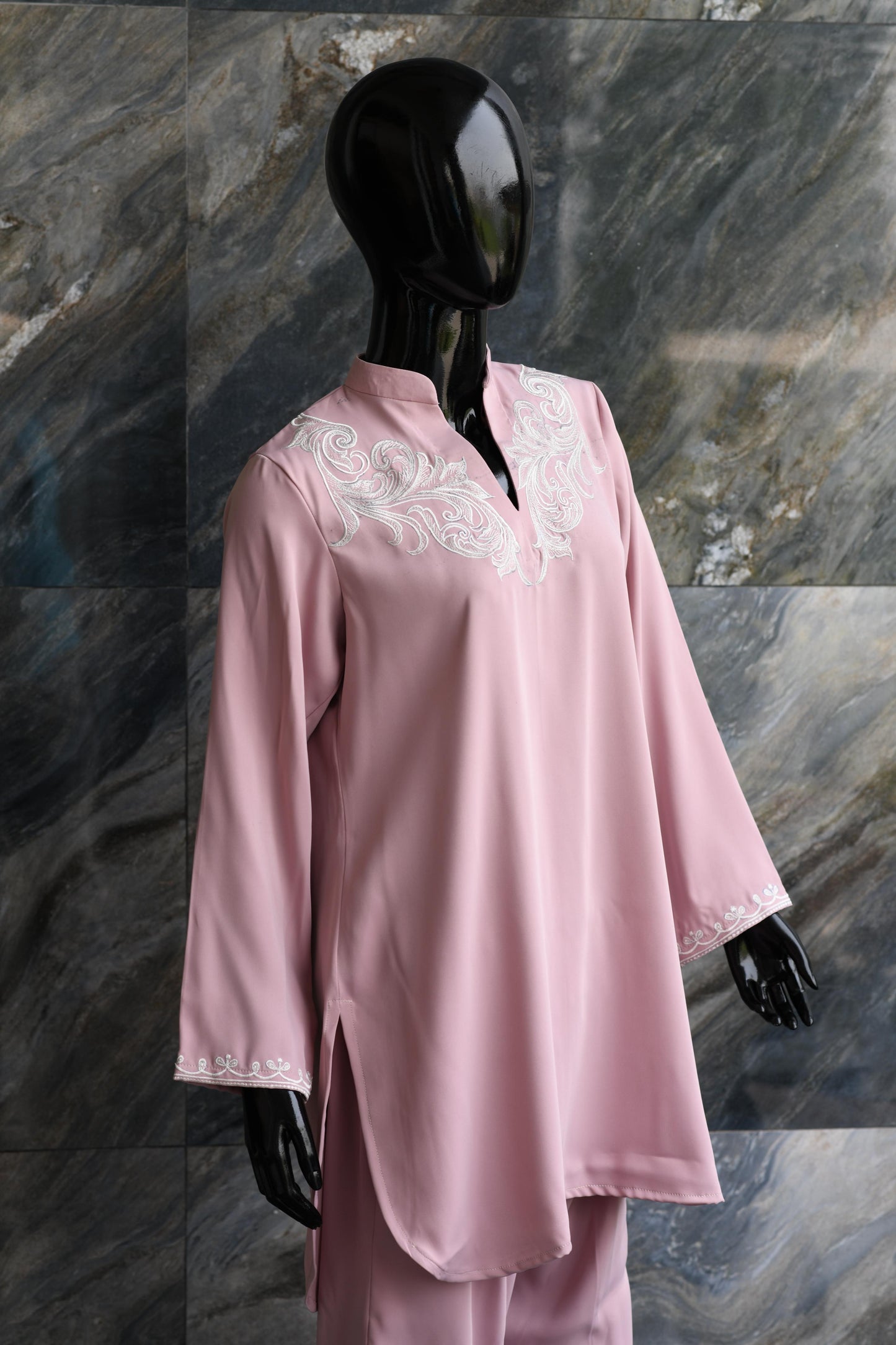 Pink With Fawn Embroidery On Neckline And Sleeves