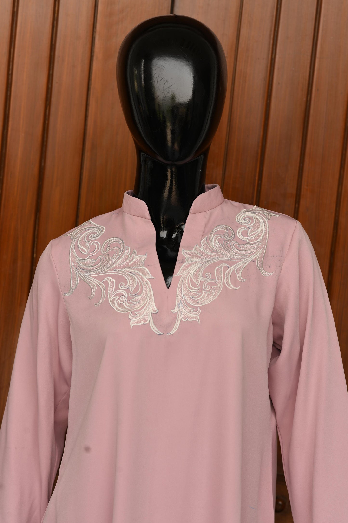 Pink With Fawn Embroidery On Neckline And Sleeves