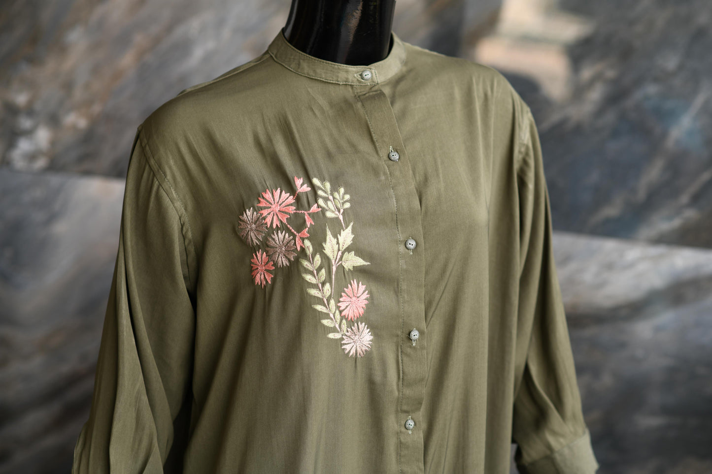 Green Shirt Button Down Shirt With An Embroidery Motive