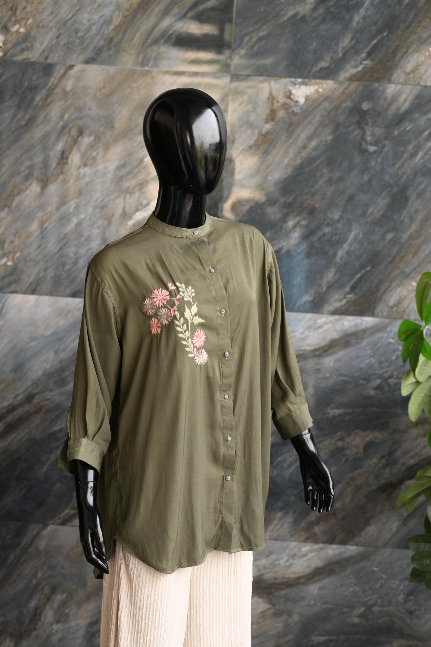 Green Shirt Button Down Shirt With An Embroidery Motive