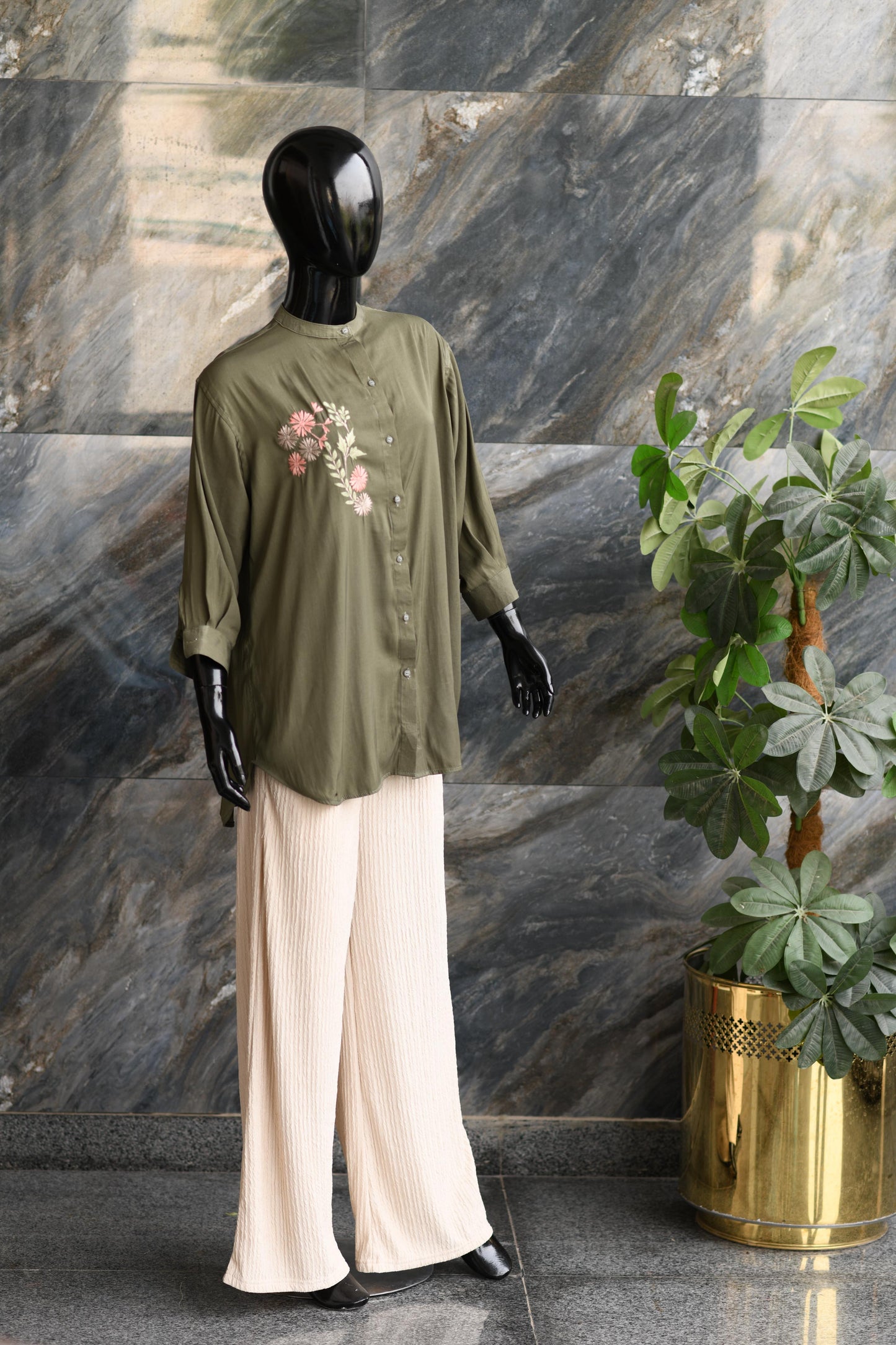 Green Shirt Button Down Shirt With An Embroidery Motive