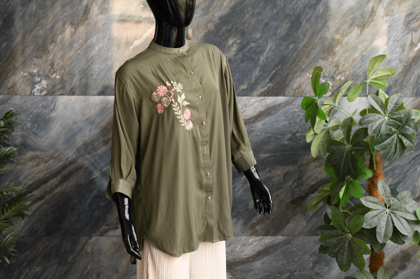 Green Shirt Button Down Shirt With An Embroidery Motive