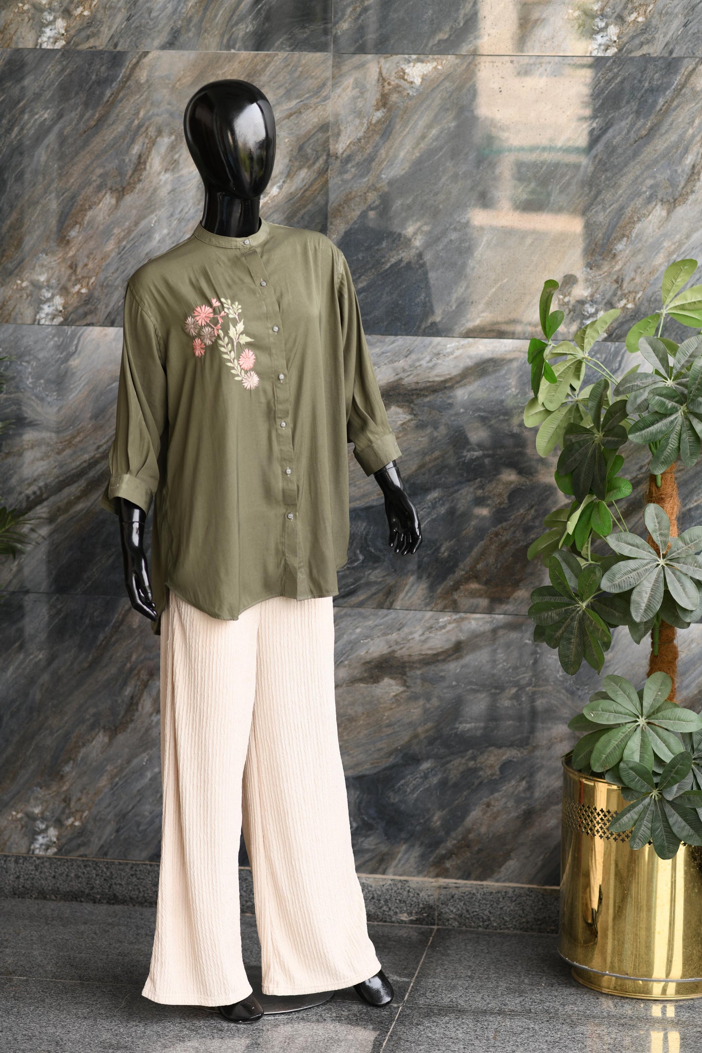 Green Shirt Button Down Shirt With An Embroidery Motive