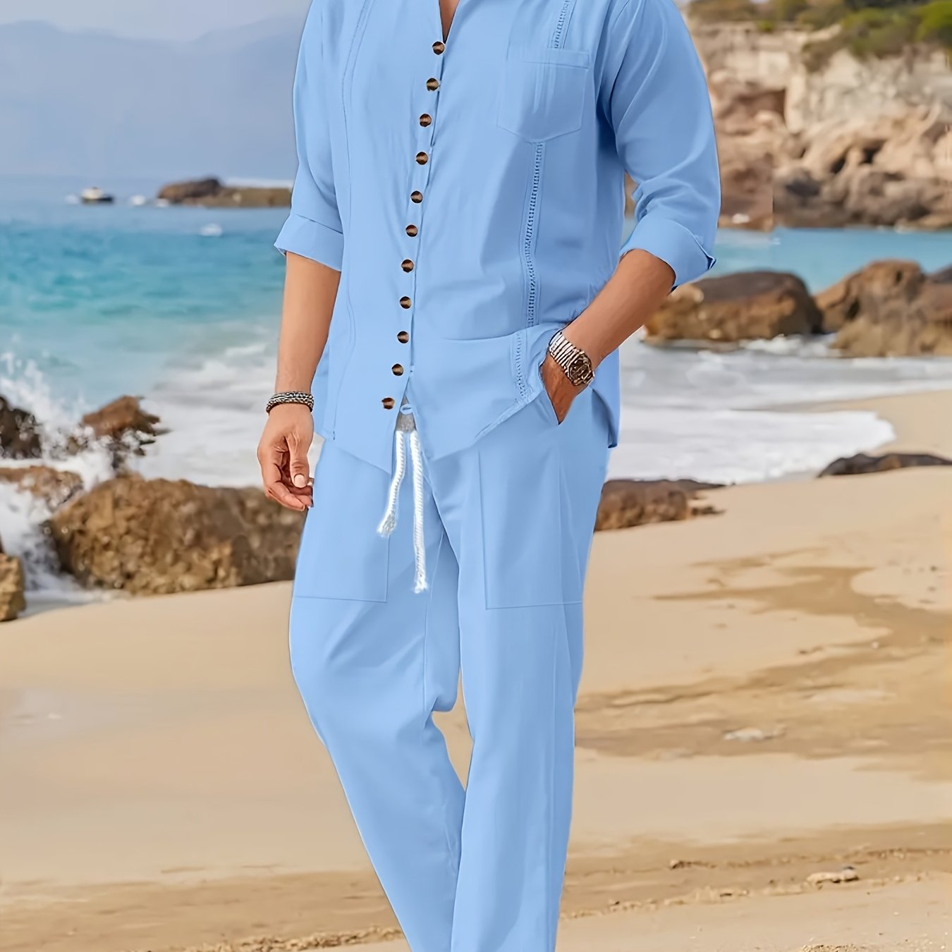 Light blue Dandych casual beachwear for men perfect for summer outings and beach trips