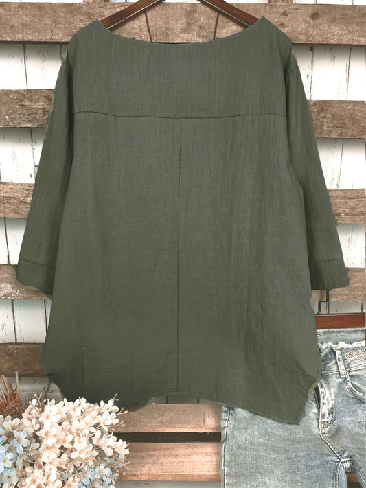 Dandych comfortable plus size clothing in olive green with a relaxed fit and three-quarter sleeves