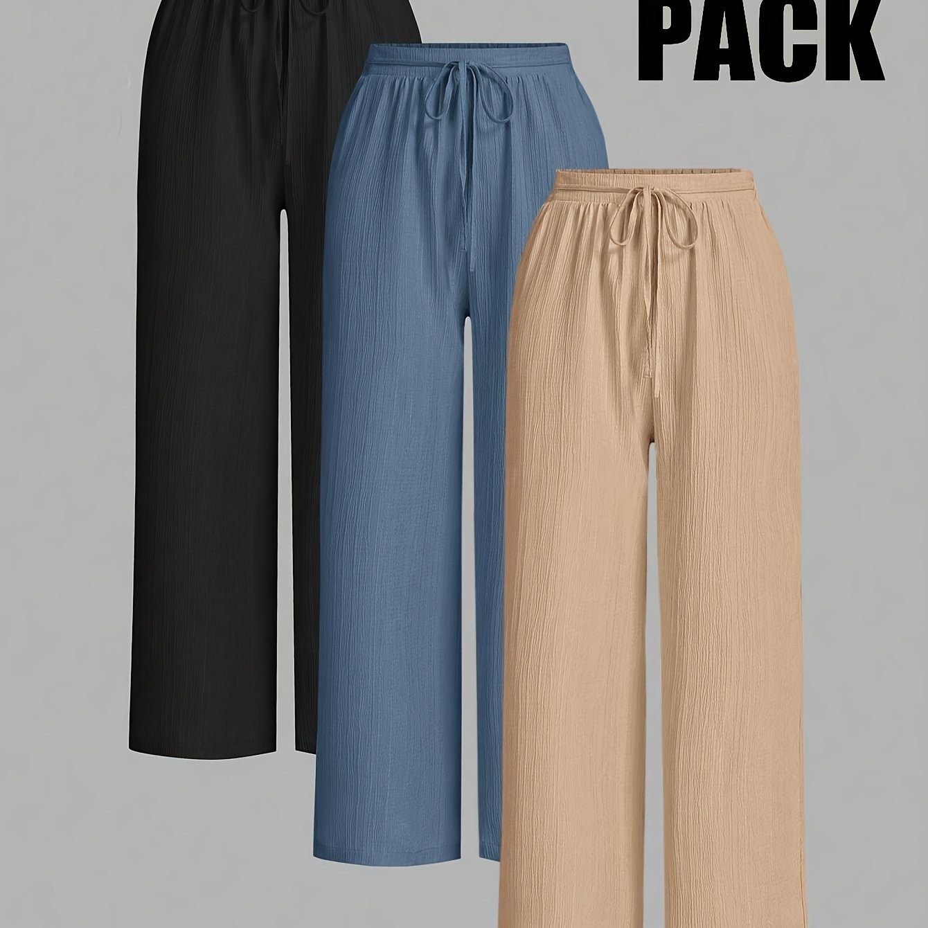 Three stylish pairs of comfortable women's trousers in black, blue, and beige with drawstring waists
