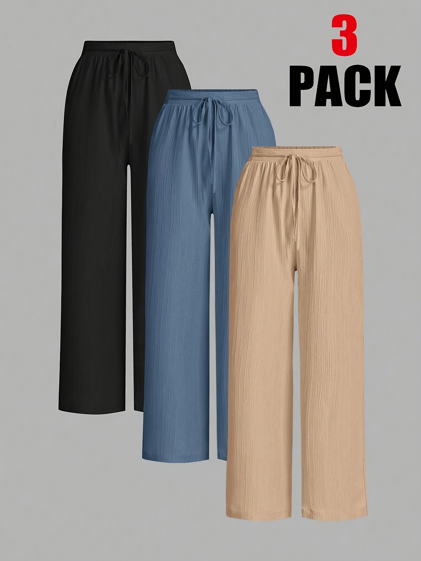 3-Pack of comfortable women's trousers in black, blue, and beige for versatile everyday wear