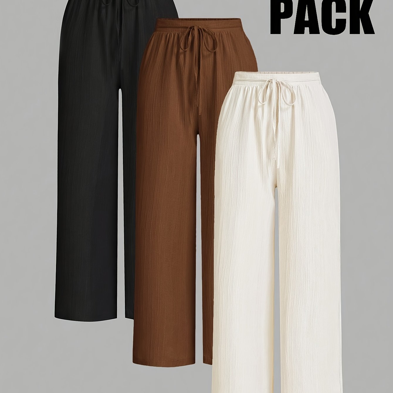 Pack of comfortable women's trousers in black, brown, and white for versatile styling and everyday wear