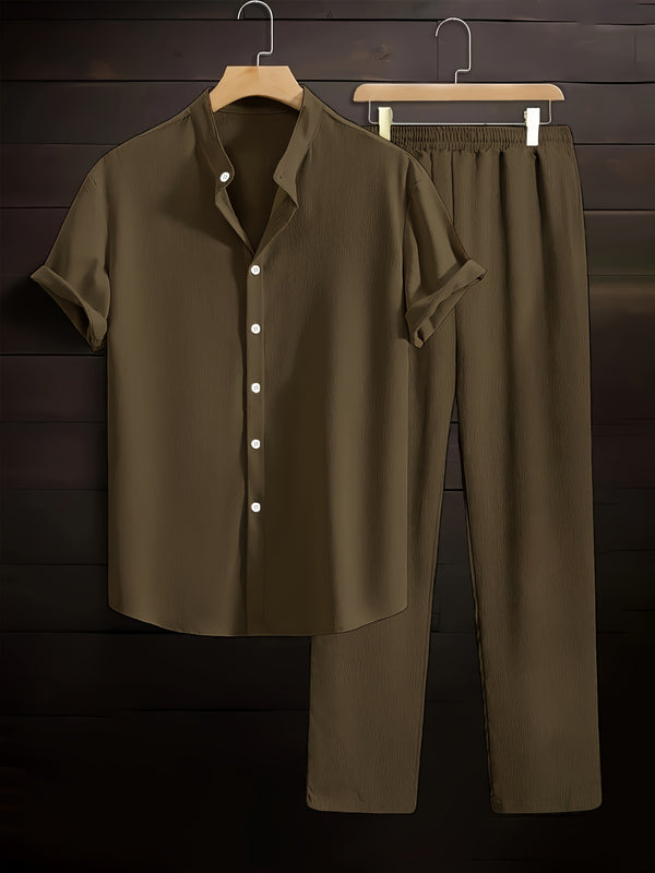 Summer Style Mens Plain Pleated Set - Coffee Color
