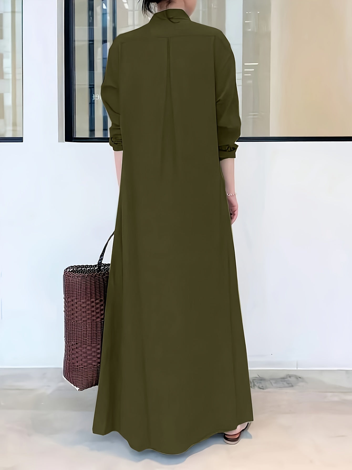 Olive green effortless chic dress for women featuring a stylish collar and long sleeves