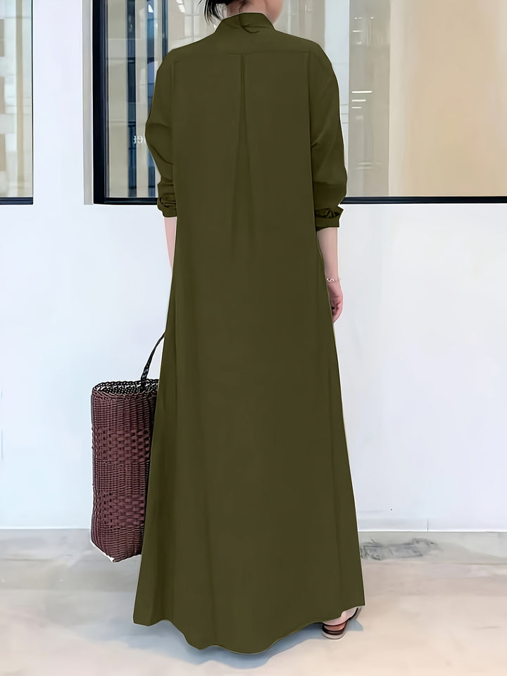 Olive green effortless chic dress for women featuring a stylish collar and long sleeves