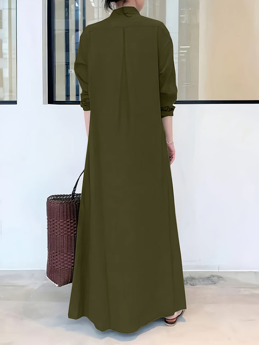 Olive green effortless chic dress for women featuring a stylish collar and long sleeves