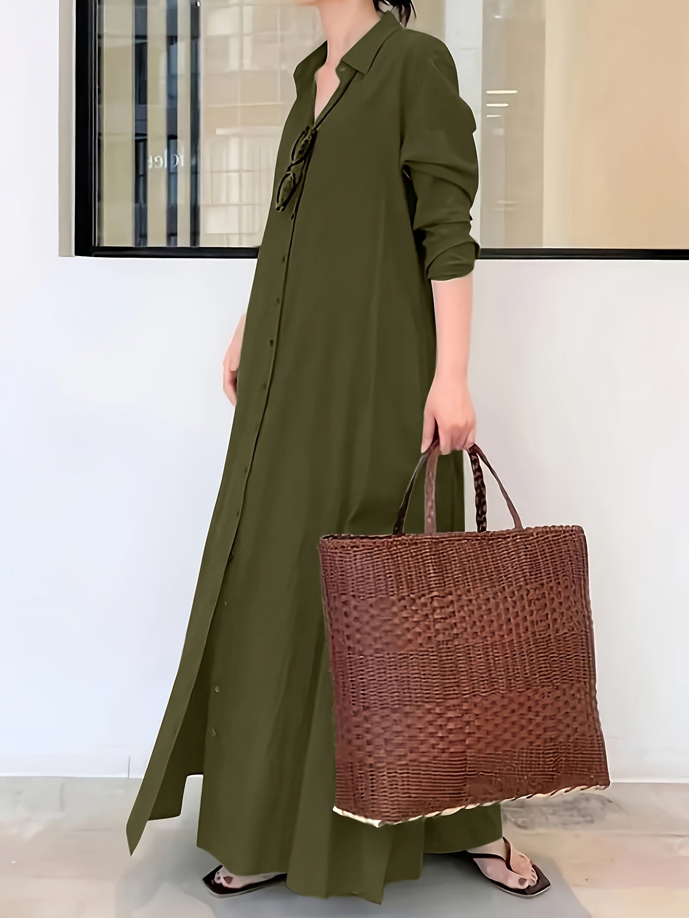Olive Green Button-Up Effortless Chic Dress for Women Styled with a Woven Bag