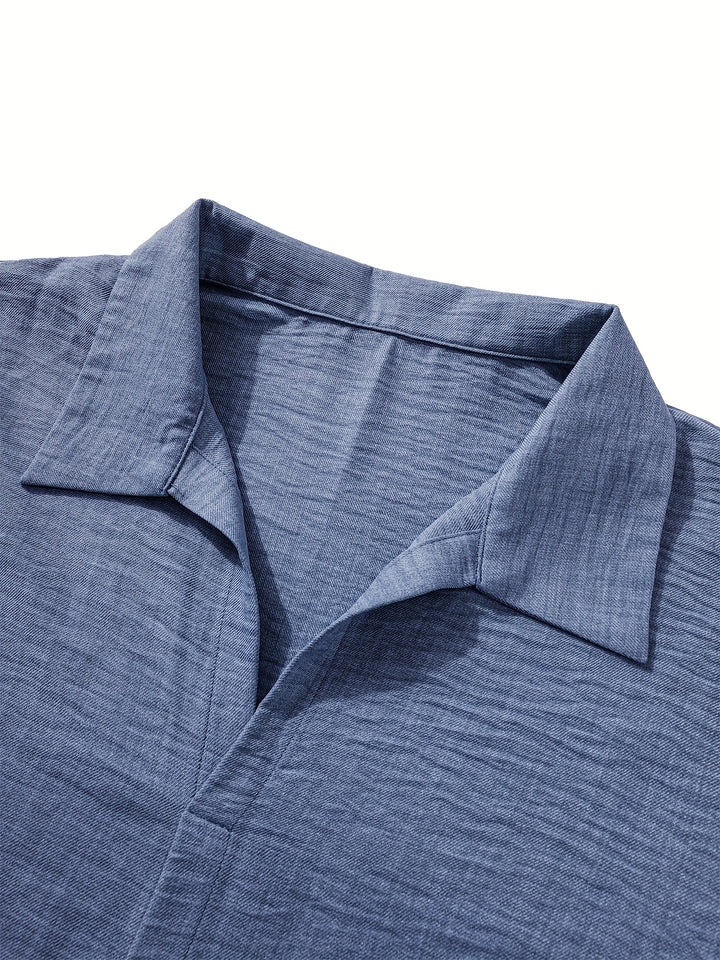 Dandych effortless men's fashion set featuring a stylish blue collared shirt with a relaxed texture
