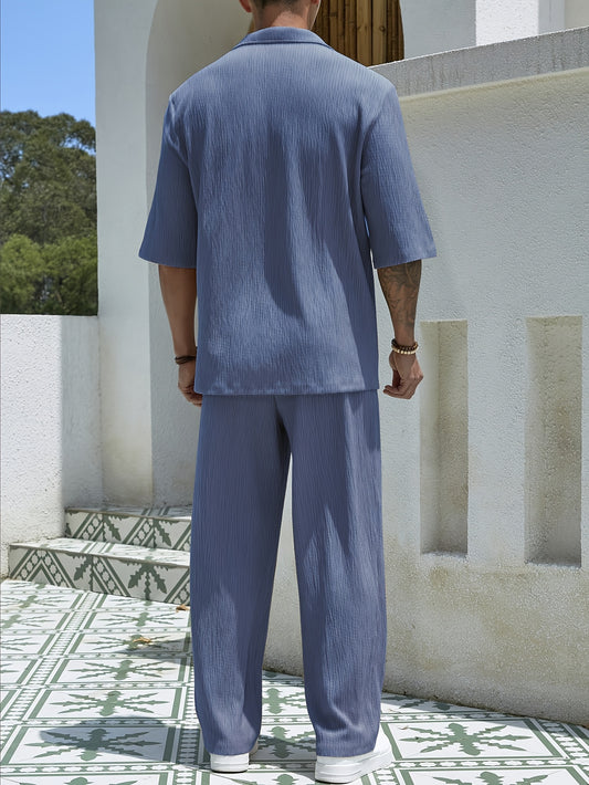 Effortless men's fashion set in light blue with a relaxed fit and short sleeves for a stylish summer look