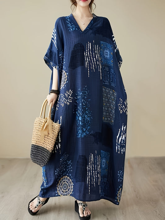 Dandych effortless style kaftan dress in blue with a stylish pattern, perfect for casual wear
