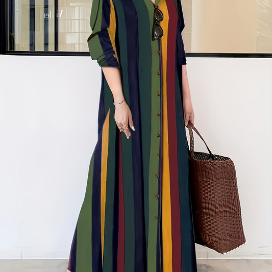 Dandych elegant maxi dress women featuring striking vertical stripes and a button-down front