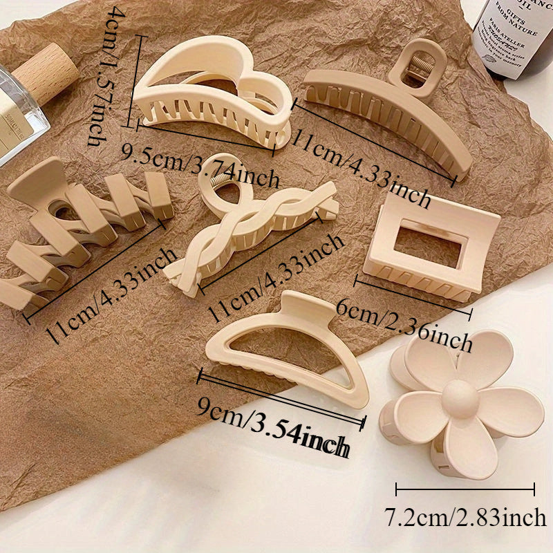Fashionable claw clips set in beige featuring various shapes and sizes for trendy hairstyles