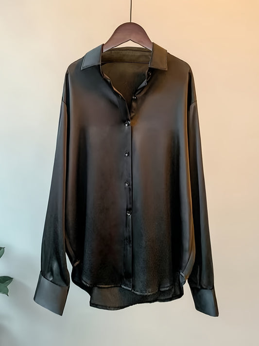 Dandych Black Silk Blouse with Button Closure for Elegant Formal Workwear for Women