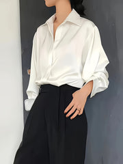 Dandych White Silk Blouse Styled with Black Trousers, Ideal Formal Workwear for Women