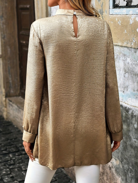 Stylish metallic gold blouse women with a back keyhole detail and long sleeves