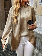 Elegant metallic gold blouse women with a high neckline and loose fit, perfect for stylish outings