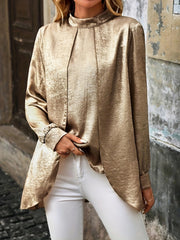 Dandych Metallic Gold Blouse Women with Elegant Pleats and Long Sleeves for Chic Style