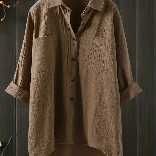 Dandych plus size button up shirt women in a soft brown shade with two front pockets