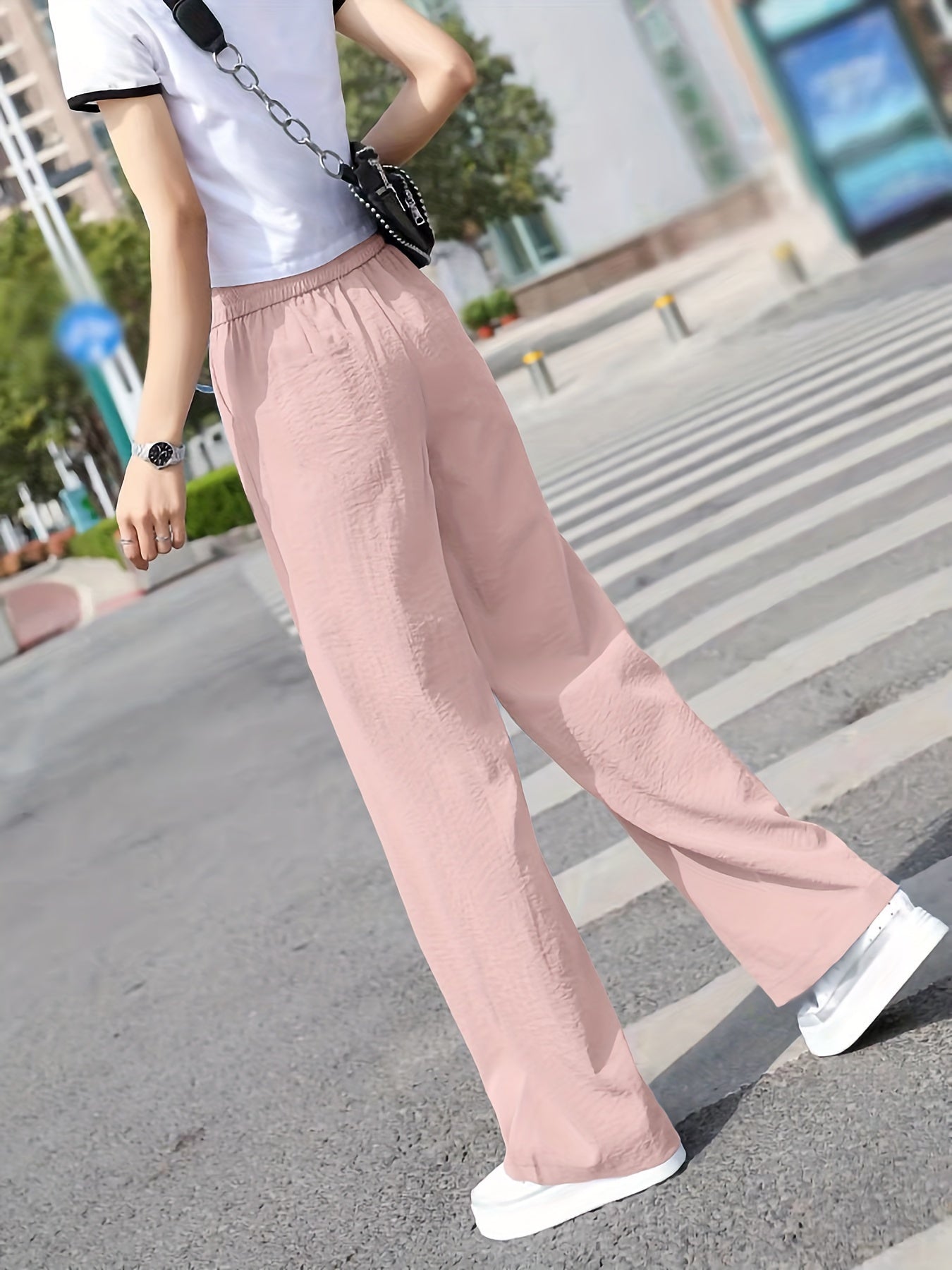 Dandych stylish wide leg pants outfit in blush pink with a comfortable elastic waist for casual wear
