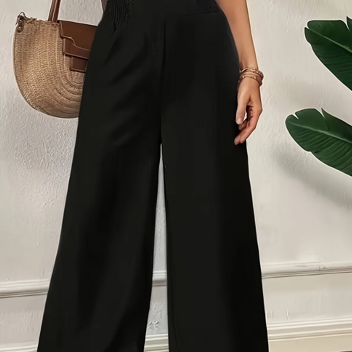 Dandych wide leg black pants women with a comfortable elastic waistband and chic style