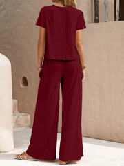 Back view of a women's bohemian lounge set in burgundy, featuring a loose fit top and wide-leg pants