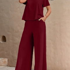 Dandych women's bohemian lounge set in burgundy featuring a comfortable top and wide-leg pants