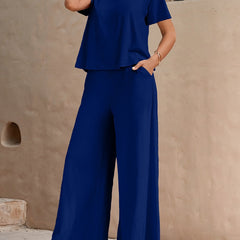 Dandych women's bohemian lounge set in navy blue with a relaxed fit top and wide-leg pants