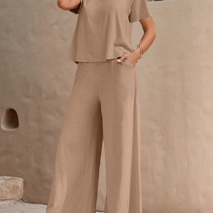 Dandych women's bohemian lounge set in beige featuring a loose fit top and wide-leg pants