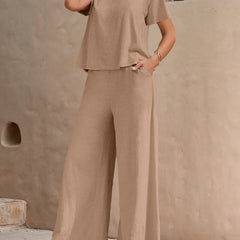 Dandych women's bohemian lounge set in beige featuring a loose fit top and wide-leg pants