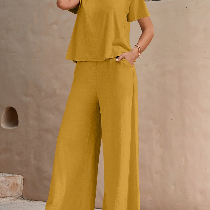 Dandych women's bohemian lounge set in mustard yellow with relaxed fit top and wide-leg pants