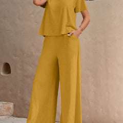 Dandych women's bohemian lounge set in mustard yellow with relaxed fit top and wide-leg pants
