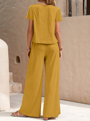 Women's bohemian lounge set in mustard color featuring a loose top and wide-leg pants